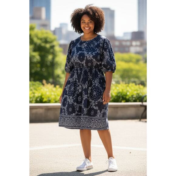 Terra & Sky Womens Plus Blue Bandana Smocked Dress Puff Sleeves SZ 3X 24W-26W - Picture 1 of 12